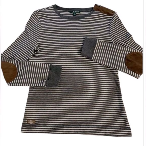 Lauren Ralph Lauren Top Faux Suede Zipper Shoulder Elbow Patch Gray & Ivory - Picture 4 of 9